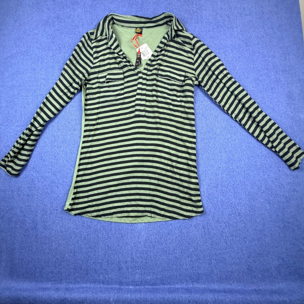 Poof Womens Olive Green Black Striped Long Sleeve Henley Top Size M